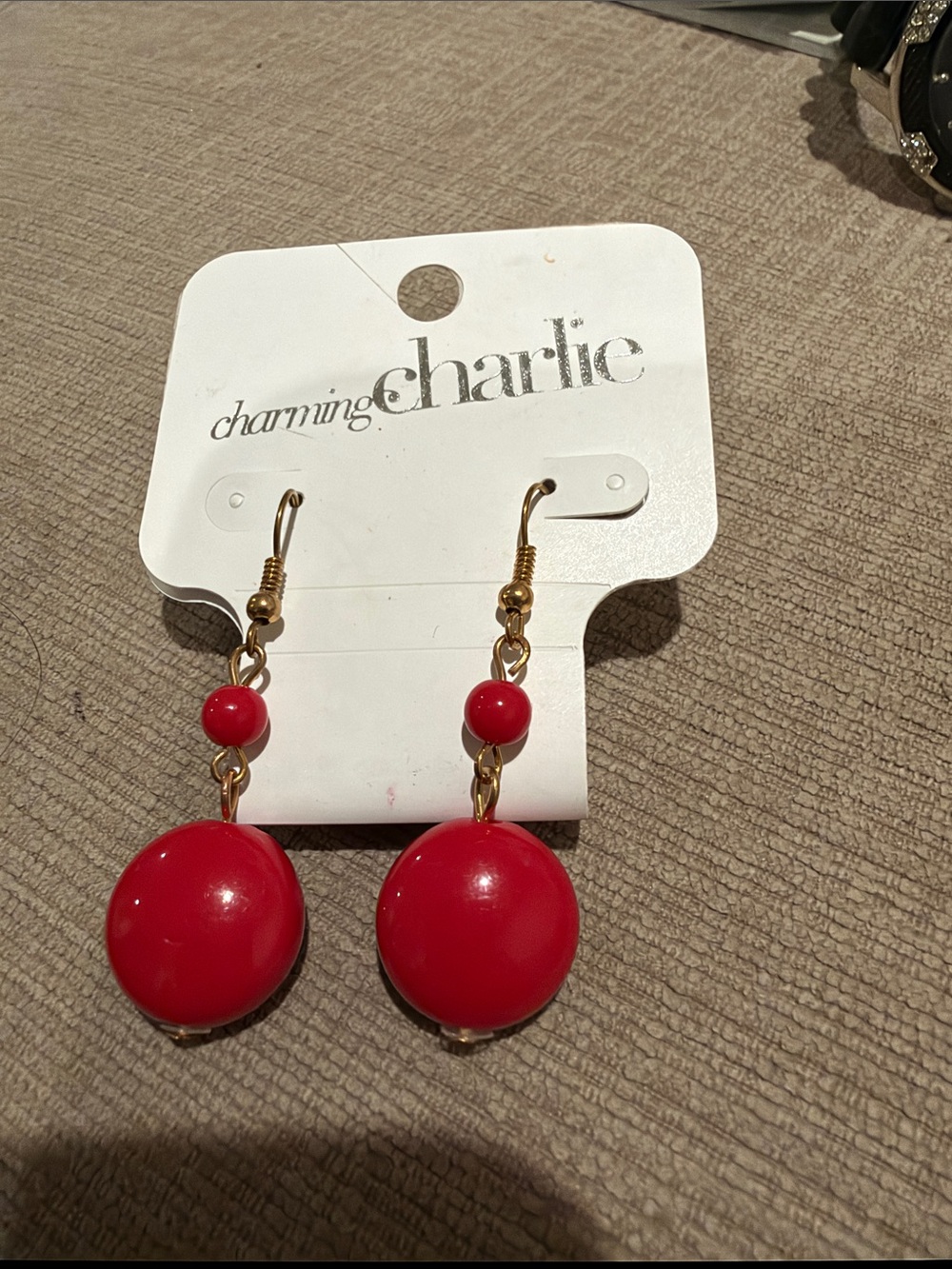 Charming Charlie Bright Red Bead Drop Earrings with Gold Hooks
